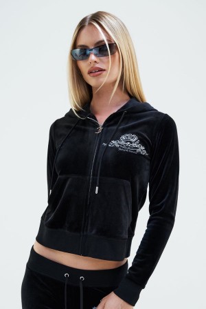 Juicy Couture Arch Embroide Zip Through Classic Velour Hoodie Crne | JC-SN652091