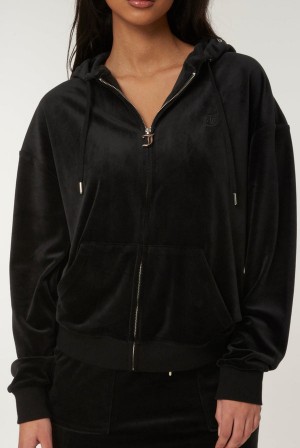 Juicy Couture Classic Velour Oversized Hoodie Crne | JC-SN651954