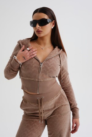 Juicy Couture Luxe Velour Zip Corset Hoodie Smeđe | JC-SN652142