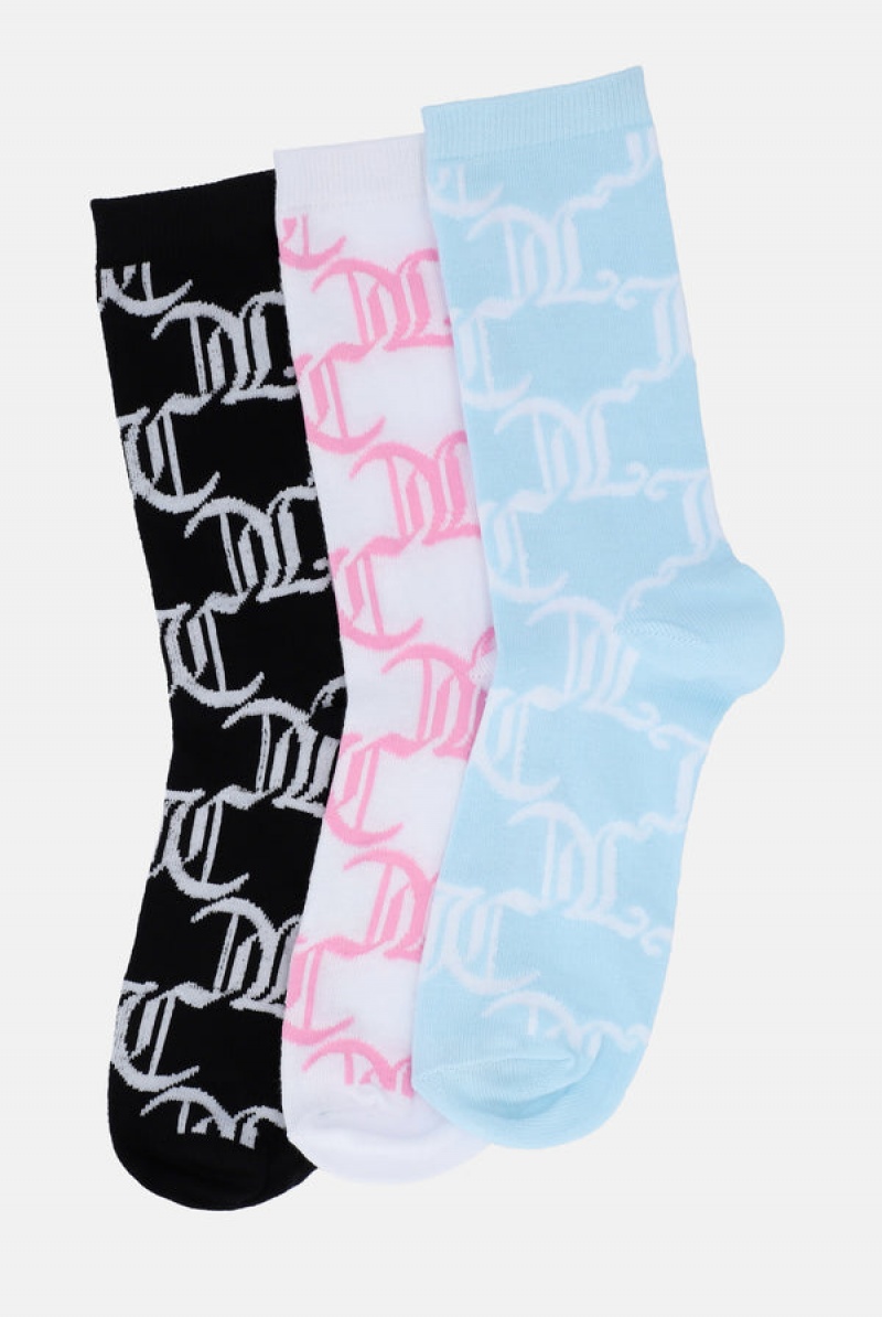 Juicy Couture 3 Pack Monogram Crew Socks Visebojne | JC-SN652316