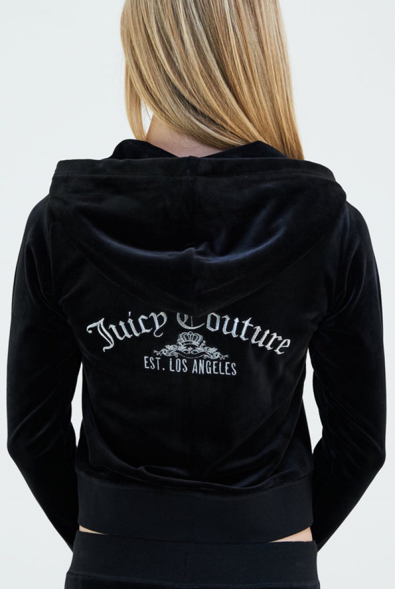 Juicy Couture Arch Embroide Zip Through Classic Velour Hoodie Crne | JC-SN652091