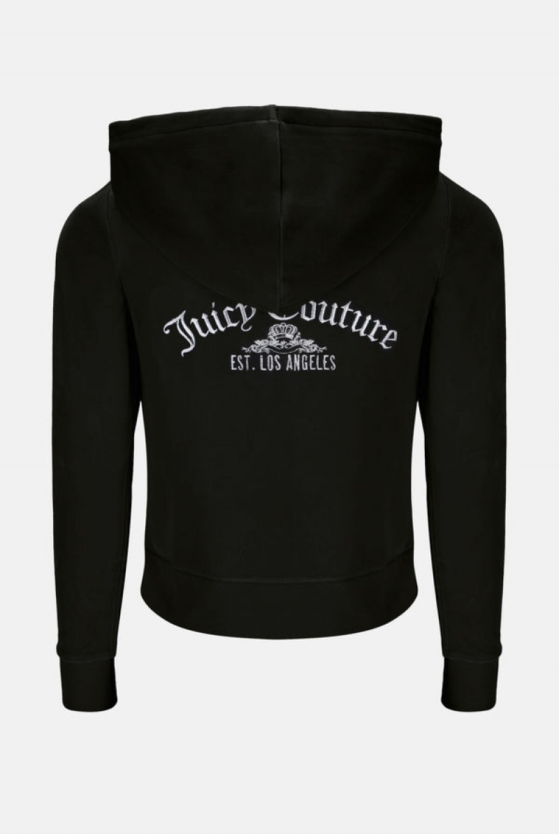 Juicy Couture Arch Embroide Zip Through Classic Velour Hoodie Crne | JC-SN652091