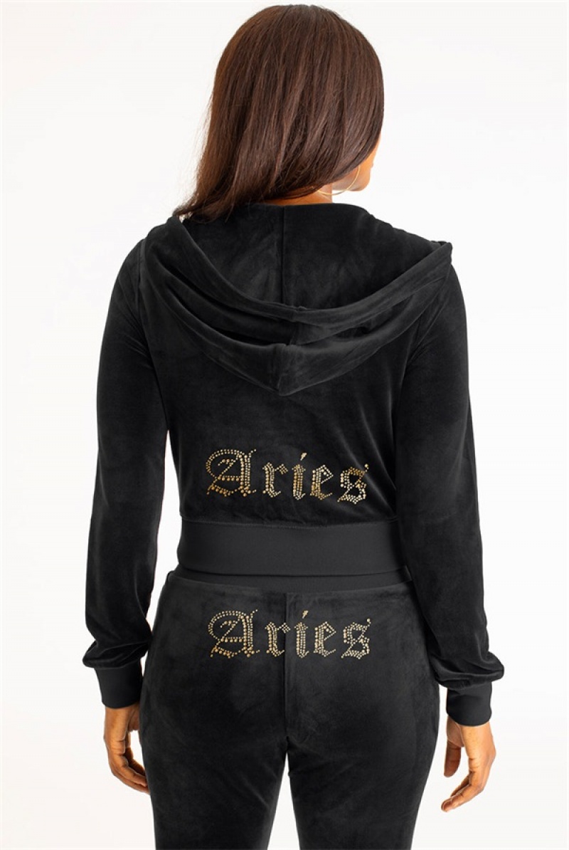 Juicy Couture Aries Big Bling Velour Hoodie Crne | JC-SN651558