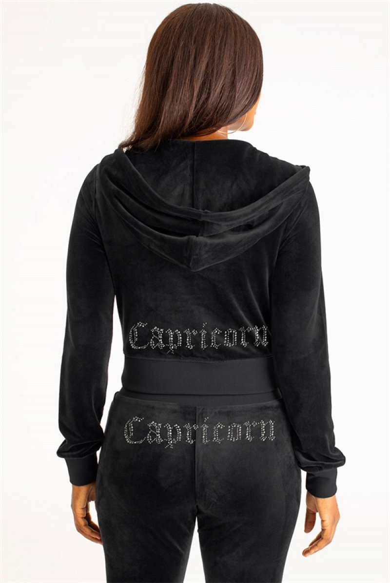 Juicy Couture Capricorn Big Bling Velour Hoodie Crne | JC-SN651646