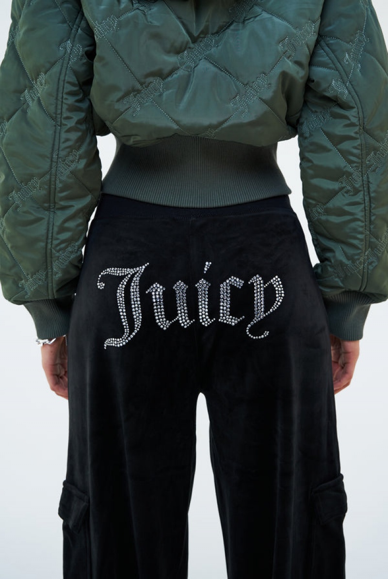 Juicy Couture Cargo Velour Diamante Trouser Crne | JC-SN652092