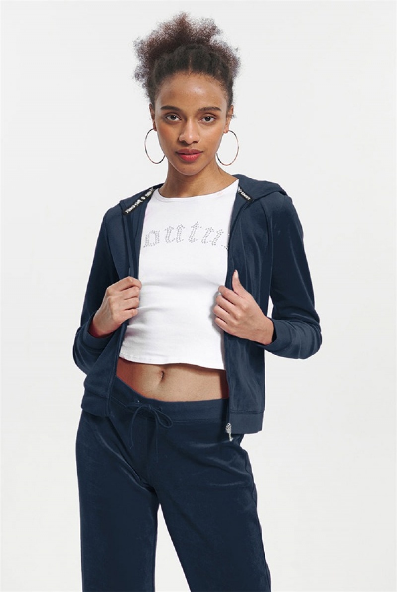 Juicy Couture Classic Cotton Velour Hoodie Plave | JC-SN651591