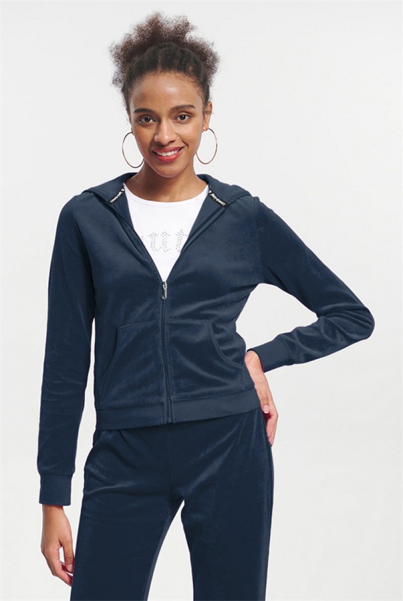 Juicy Couture Classic Cotton Velour Hoodie Plave | JC-SN651591