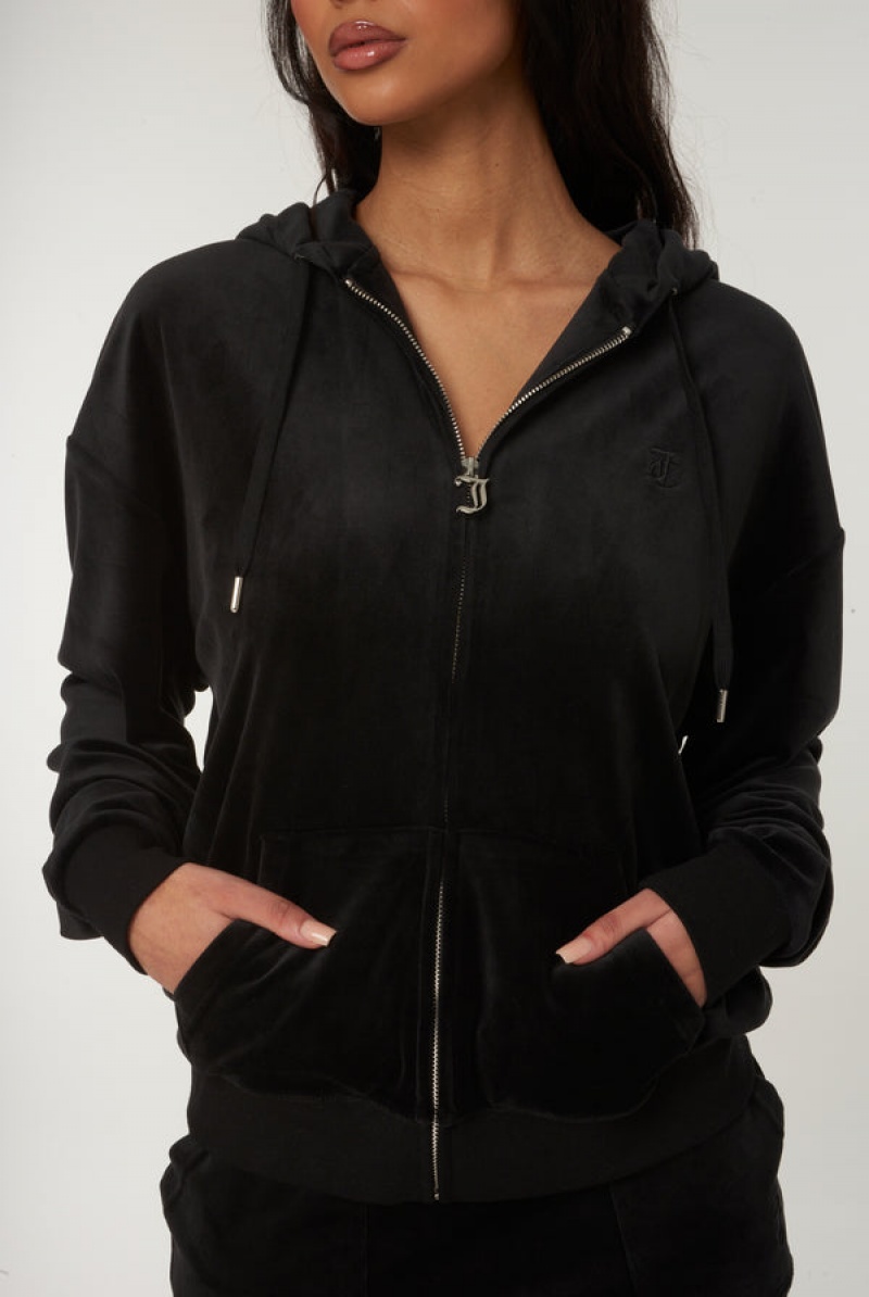 Juicy Couture Classic Velour Oversized Hoodie Crne | JC-SN651954