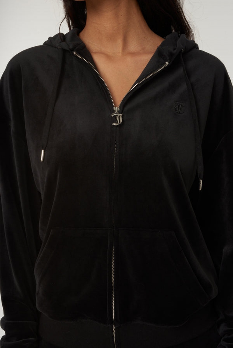 Juicy Couture Classic Velour Oversized Hoodie Crne | JC-SN651954