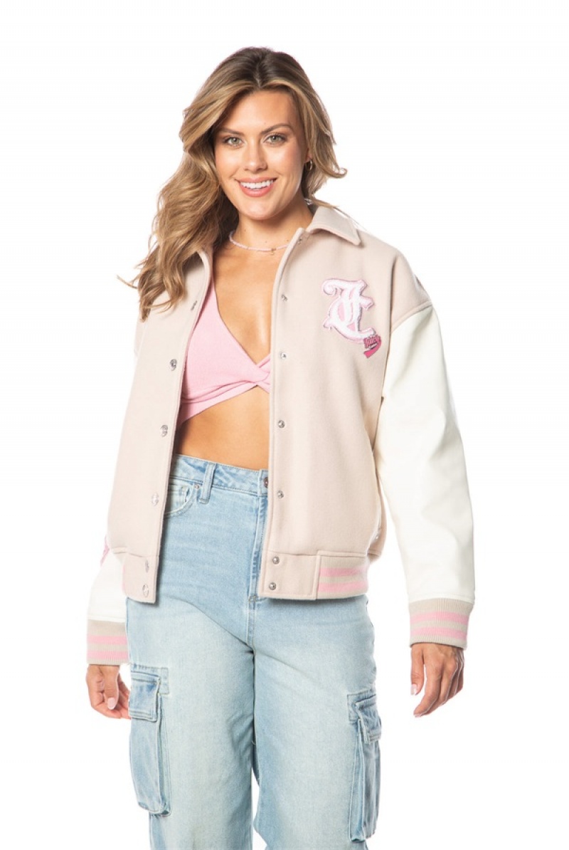 Juicy Couture Convertible Collar Varsity Jacket Bež Bijele | JC-SN651672