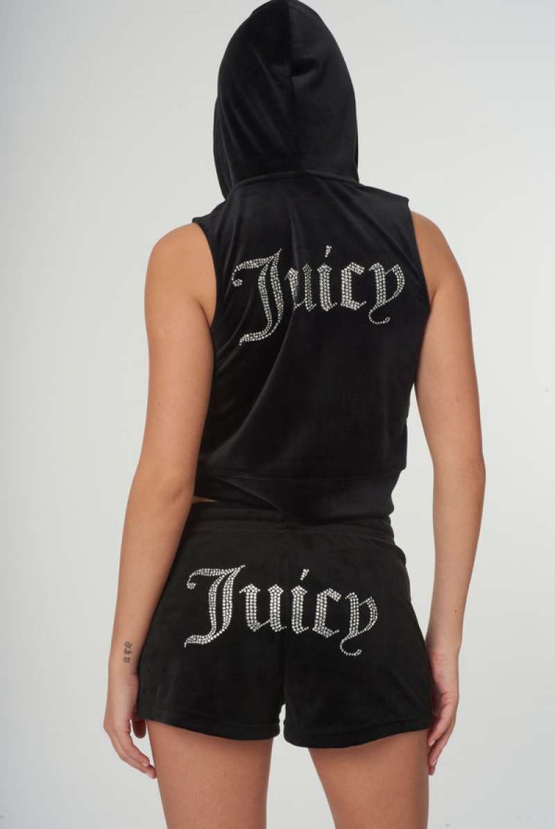 Juicy Couture Diamante Velour Zip-through Gilet Crne | JC-SN651964