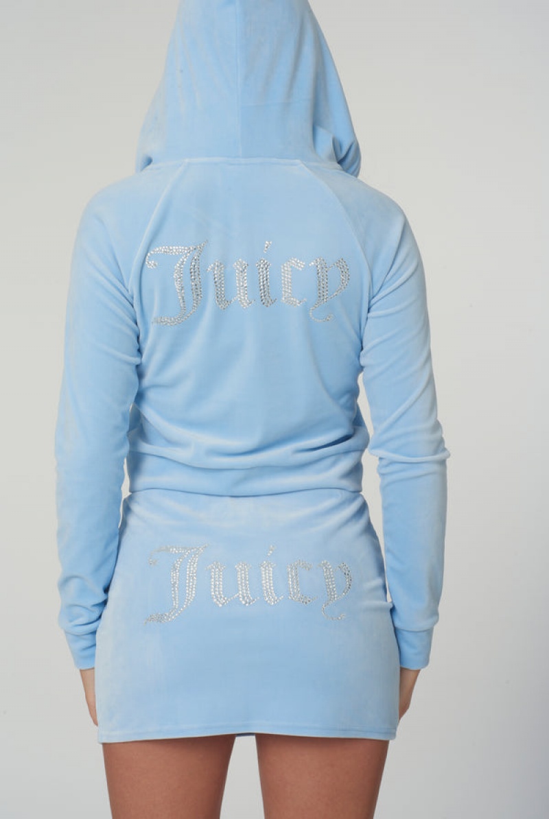 Juicy Couture Diamante Velour Zip-through Hoodie Plave | JC-SN651974