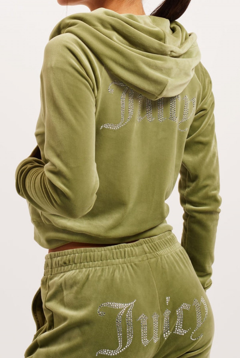 Juicy Couture Diamante Velour Zip-through Hoodie Zelene | JC-SN651984