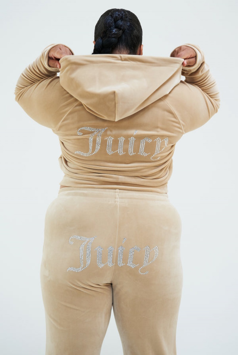 Juicy Couture Diamante Velour Zip-through Hoodie Bež | JC-SN652098