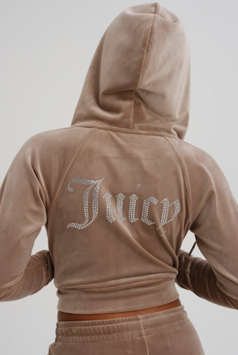 Juicy Couture Diamante Velour Zip-through Hoodie Smeđe | JC-SN652128