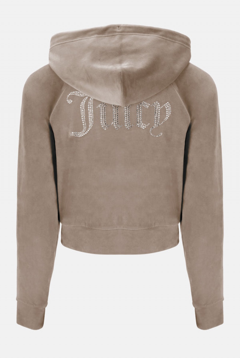 Juicy Couture Diamante Velour Zip-through Hoodie Smeđe | JC-SN652128