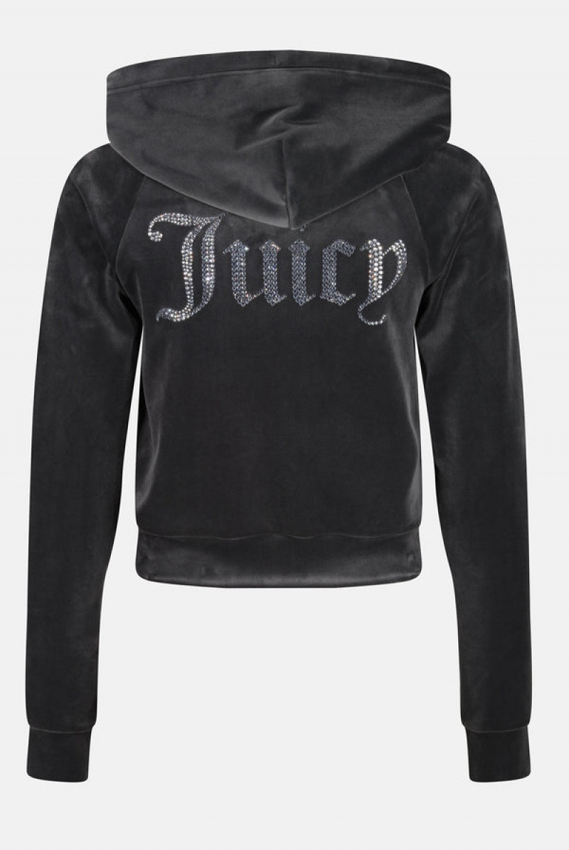 Juicy Couture Diamante Velour Zip-through Hoodie Crne | JC-SN652149