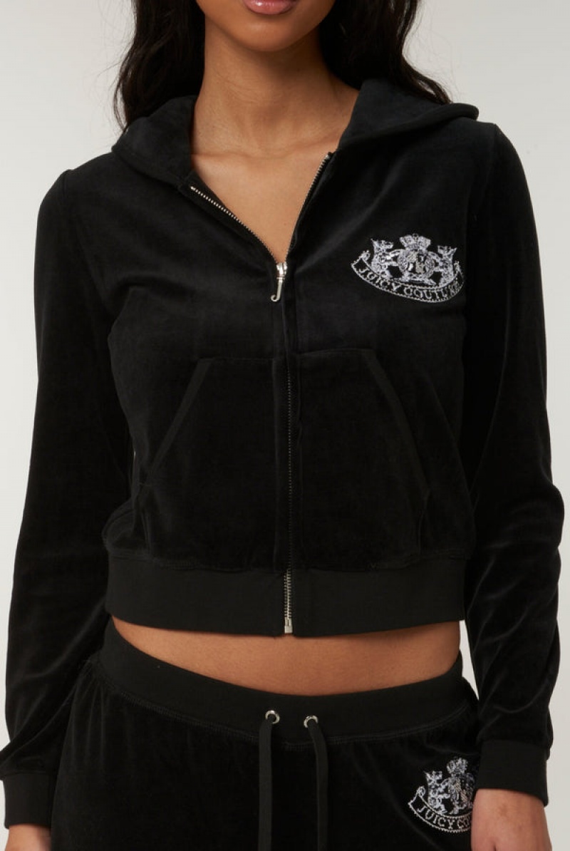 Juicy Couture Dog Crest Bamboo Velour Heritage Hoodie Crne | JC-SN652174