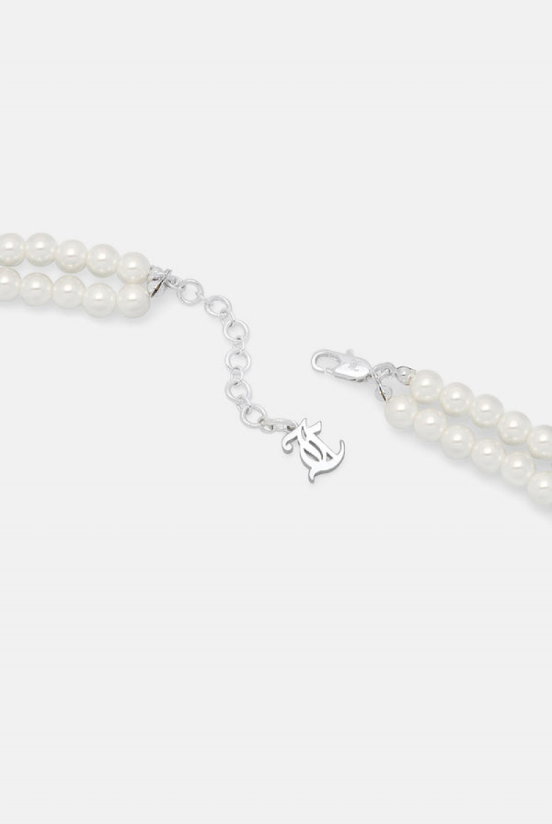 Juicy Couture Double Row Pearl Pavè Crystal Juicy Choker Srebrne | JC-SN652364