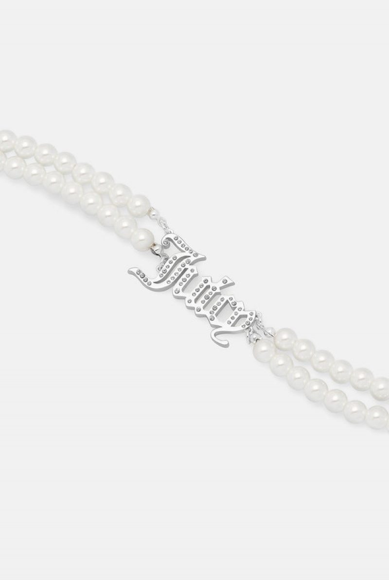 Juicy Couture Double Row Pearl Pavè Crystal Juicy Choker Srebrne | JC-SN652364