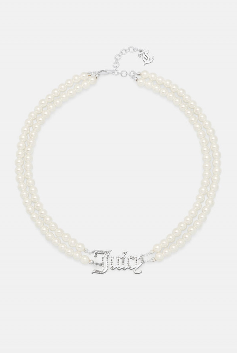 Juicy Couture Double Row Pearl Pavè Crystal Juicy Choker Srebrne | JC-SN652364