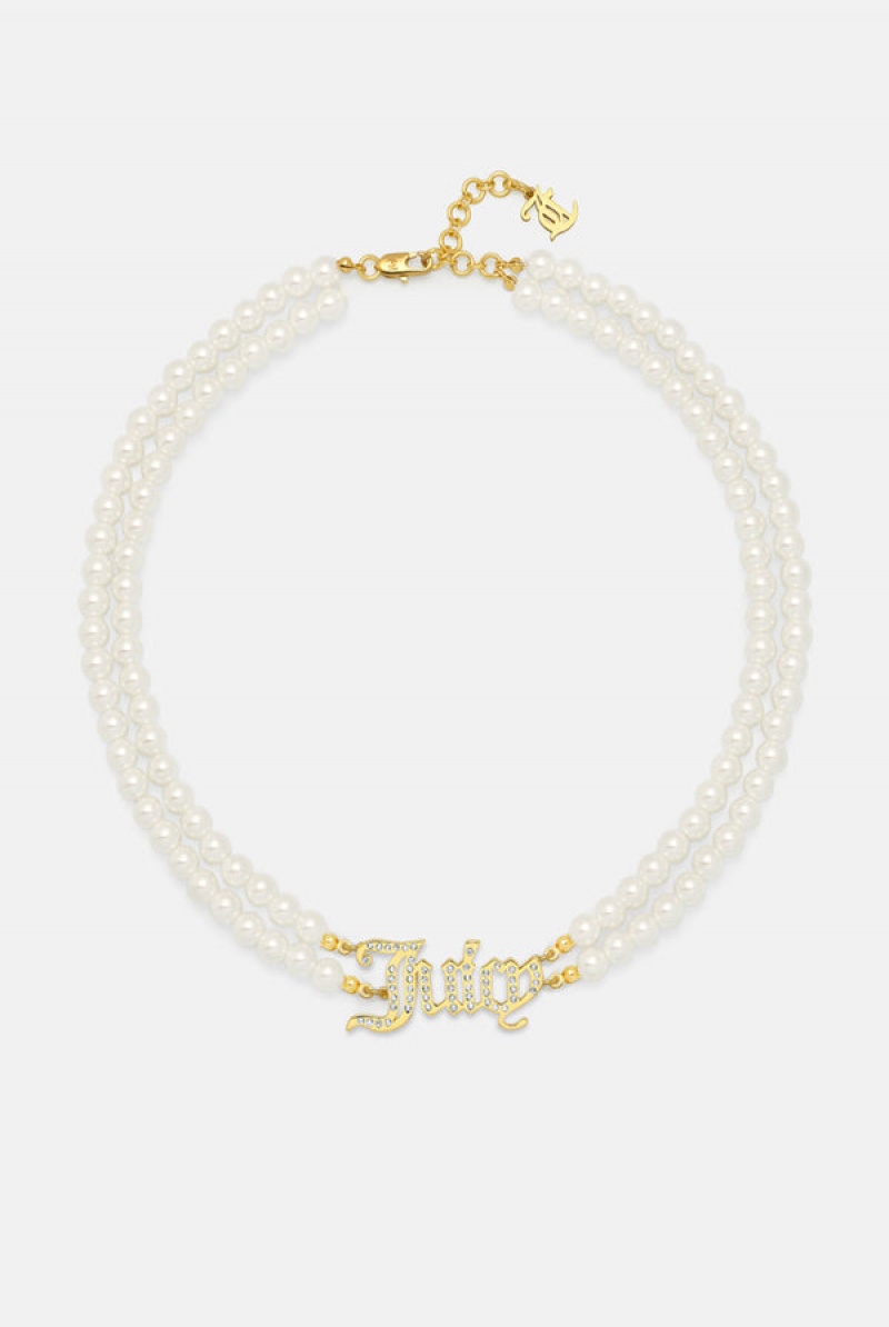 Juicy Couture Double Row Pearl Pavè Crystal Juicy Choker Zlatne | JC-SN652365