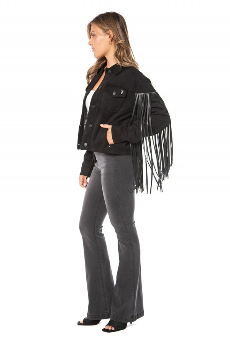 Juicy Couture Faux Koža Fringe Trucker Jacket Crne | JC-SN651675