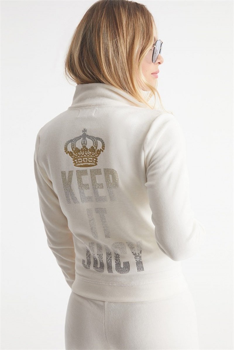 Juicy Couture Keep It Juicy Cotton Velour Mockneck Track Jacket Bijele | JC-SN651541