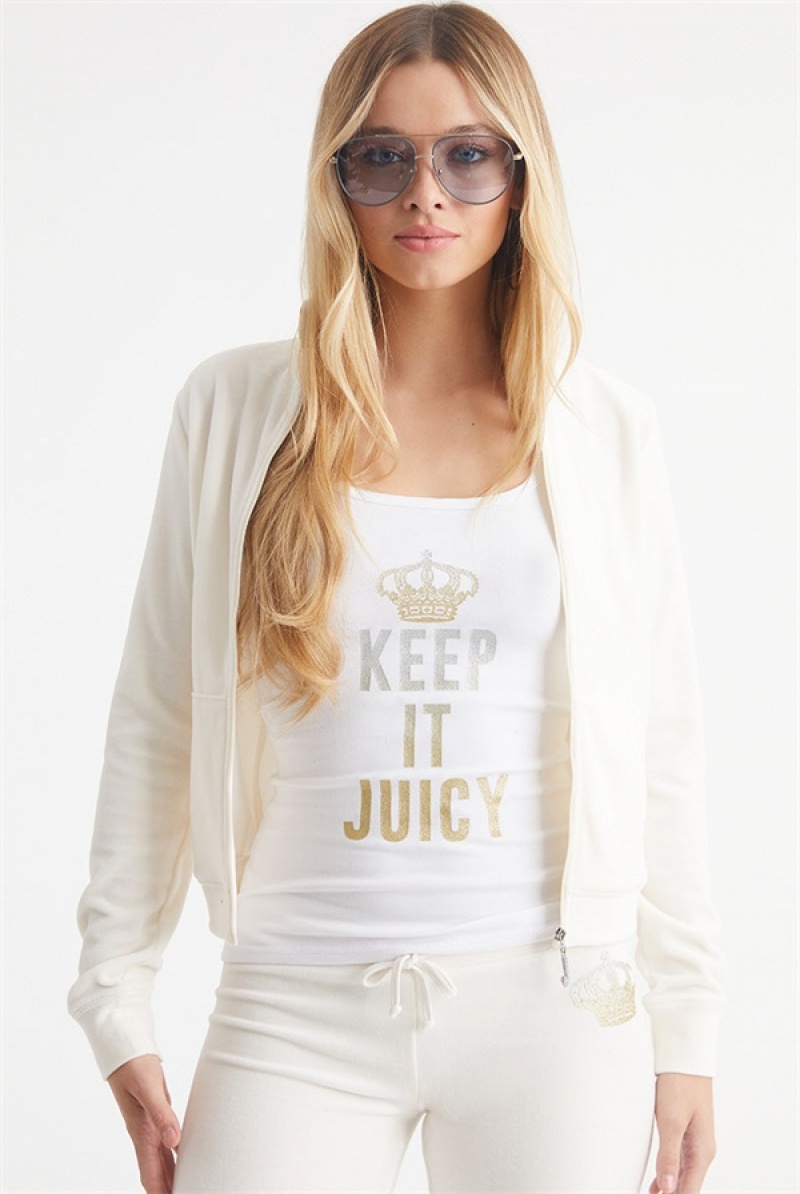 Juicy Couture Keep It Juicy Cotton Velour Mockneck Track Jacket Bijele | JC-SN651541