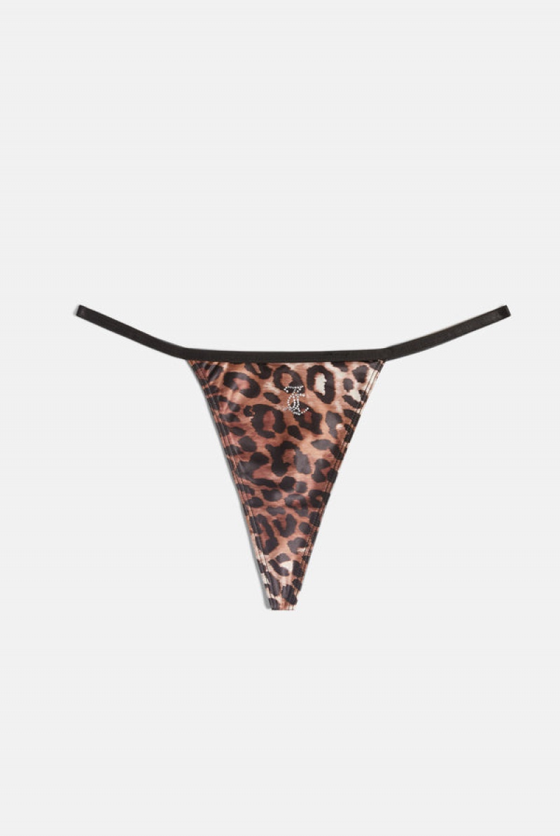 Juicy Couture Leopard Print Satin T-bar Charm Thong Crne | JC-SN652262