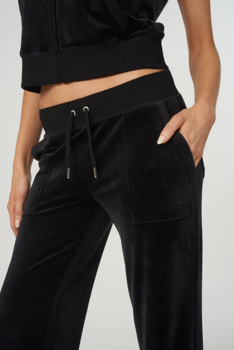 Juicy Couture Low Rise Flare Pocket Classic Velour Track Pant Crne | JC-SN651958