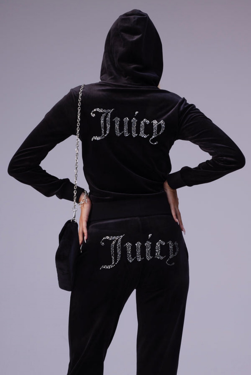 Juicy Couture Mixed Crystal Classic Velour Robertson Hoodie Crne | JC-SN652066