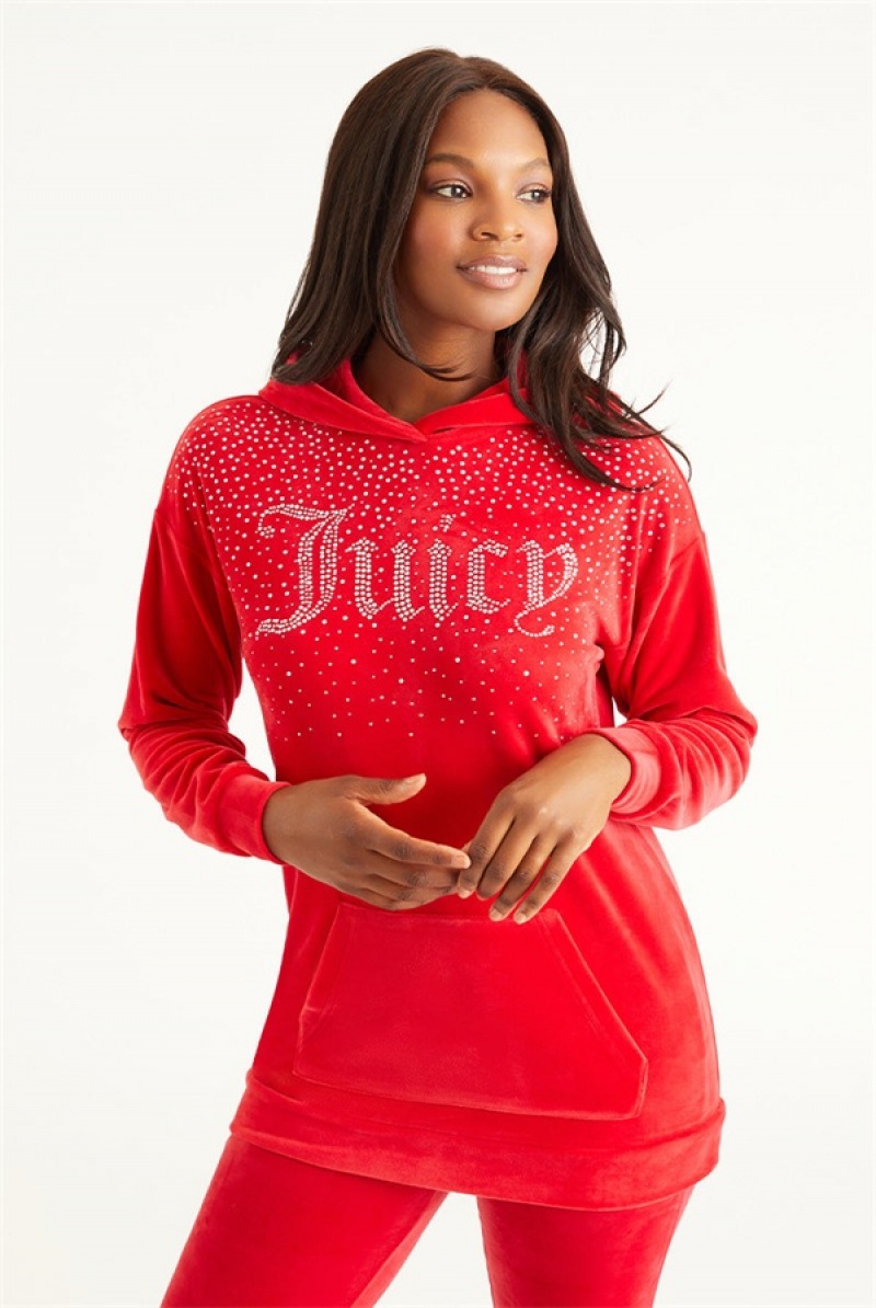 Juicy Couture Oversized Big Bling Hoodie With Rhinestones Crvene | JC-SN651693