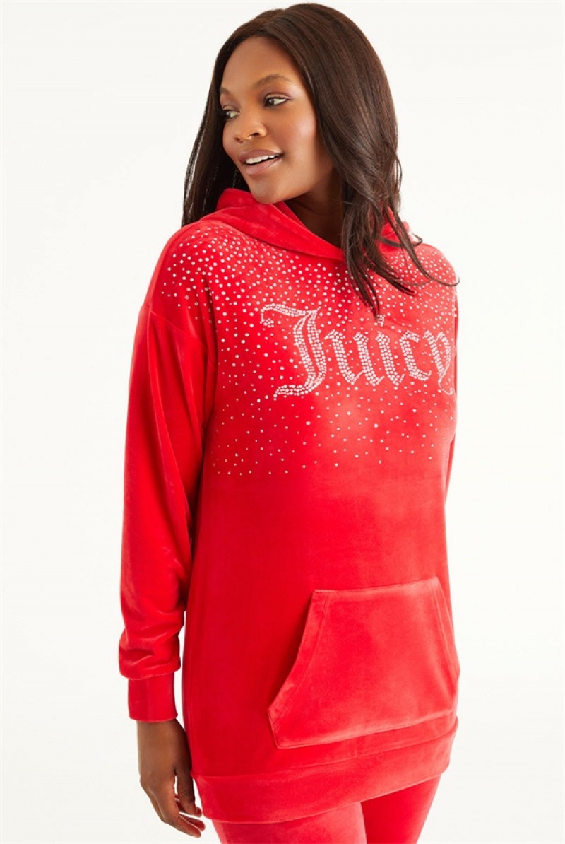 Juicy Couture Oversized Big Bling Hoodie With Rhinestones Crvene | JC-SN651693