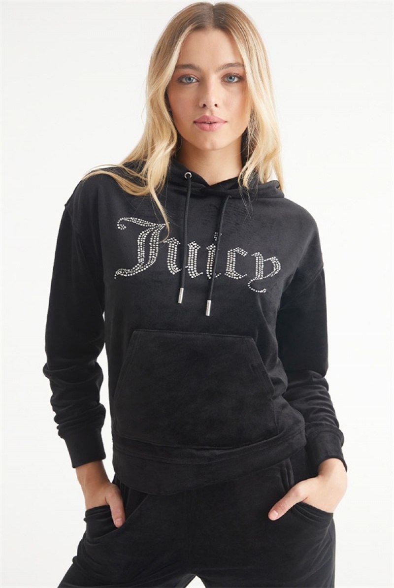 Juicy Couture Oversized Big Bling Velour Hoodie Crne | JC-SN651540