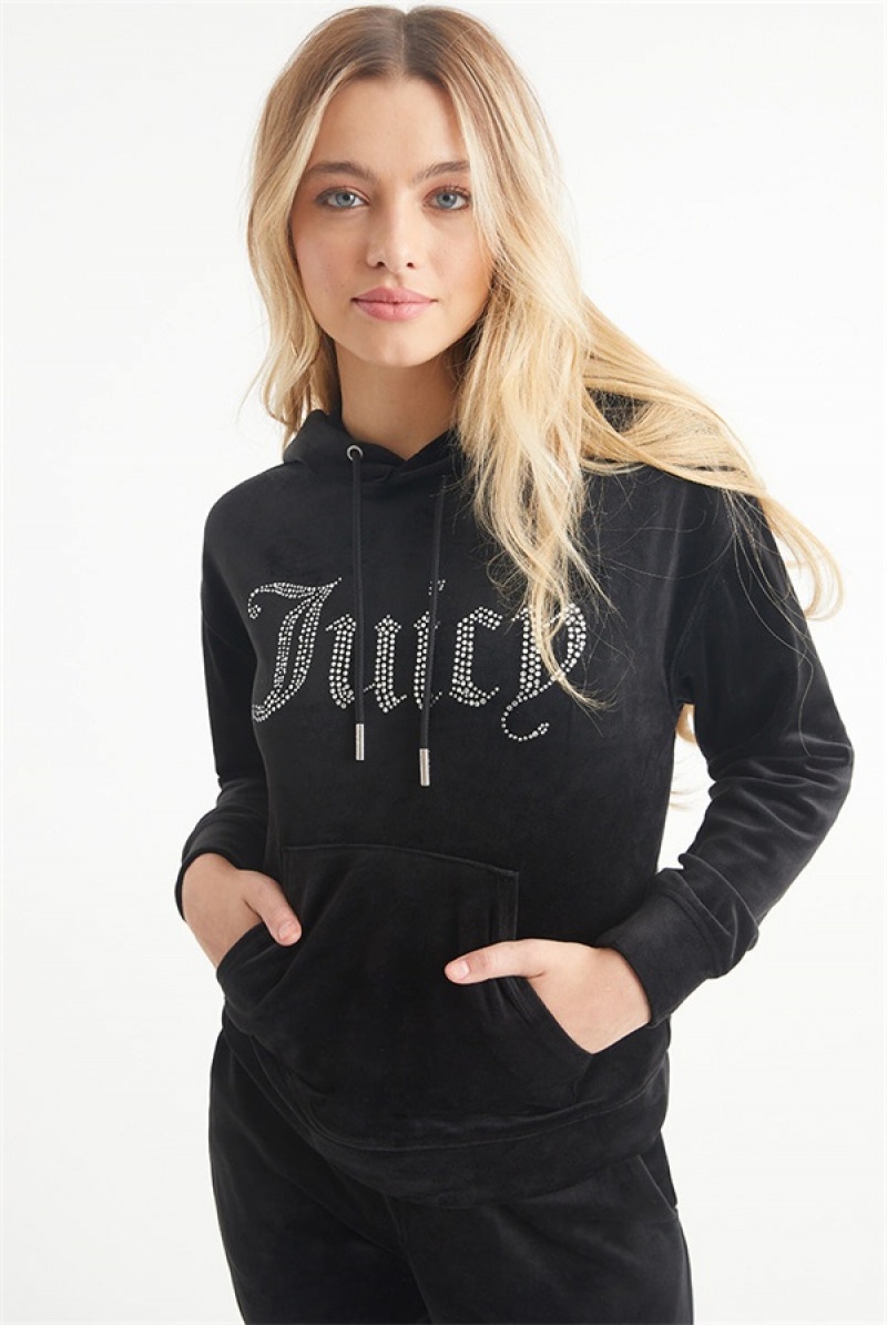 Juicy Couture Oversized Big Bling Velour Hoodie Crne | JC-SN651540