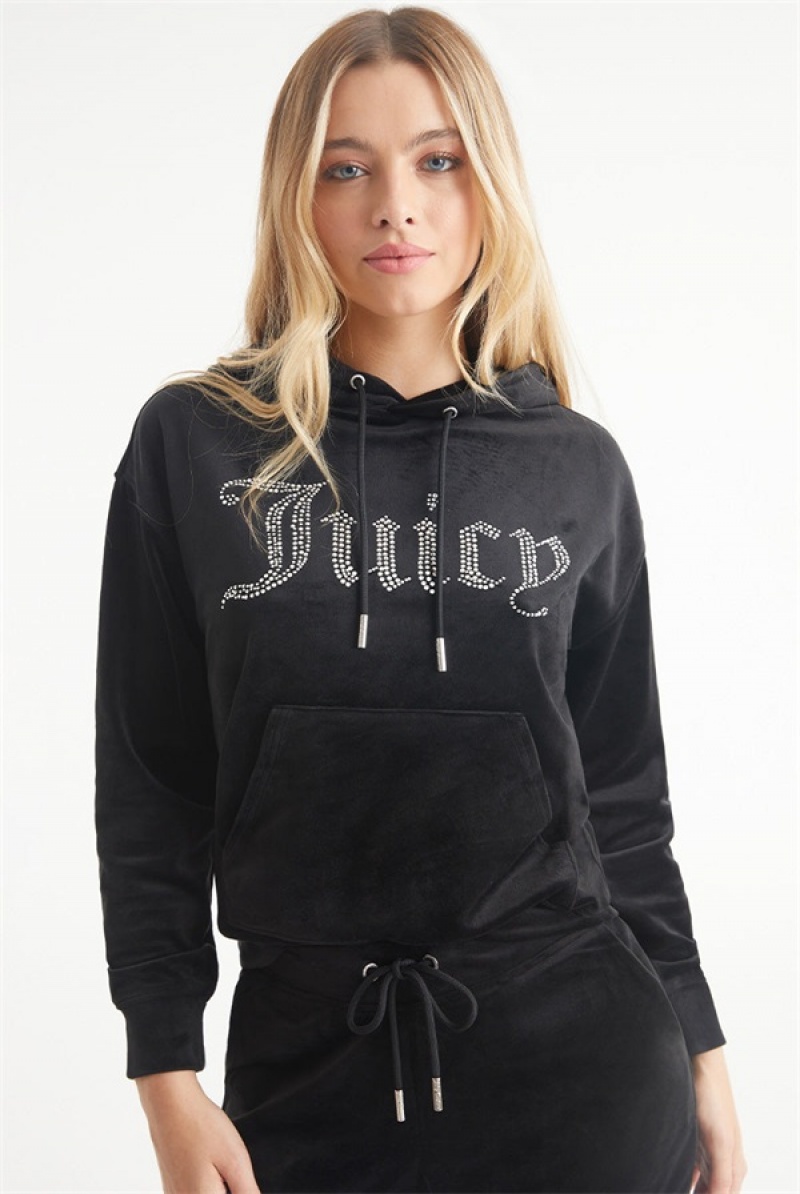 Juicy Couture Oversized Big Bling Velour Hoodie Crne | JC-SN651540