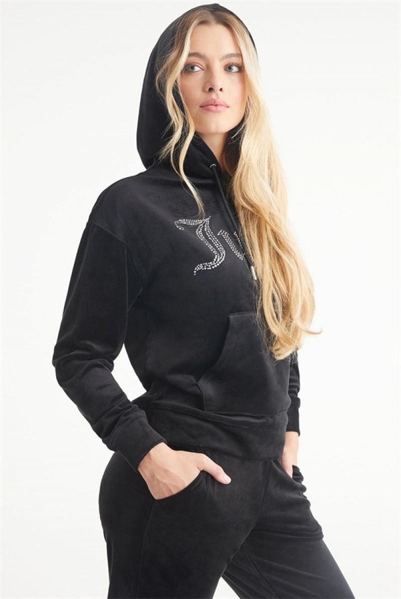 Juicy Couture Oversized Big Bling Velour Hoodie Crne | JC-SN651540