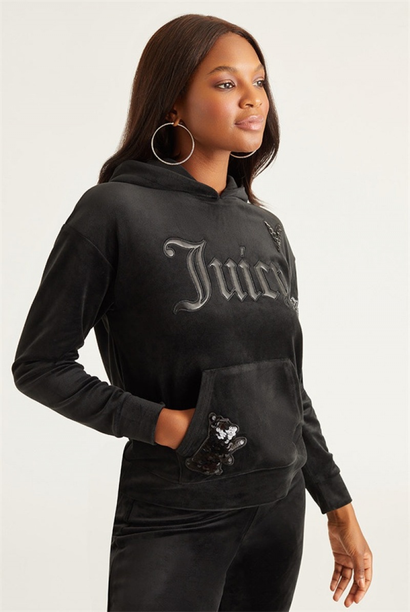 Juicy Couture Oversized Patch Hoodie Crne | JC-SN651696