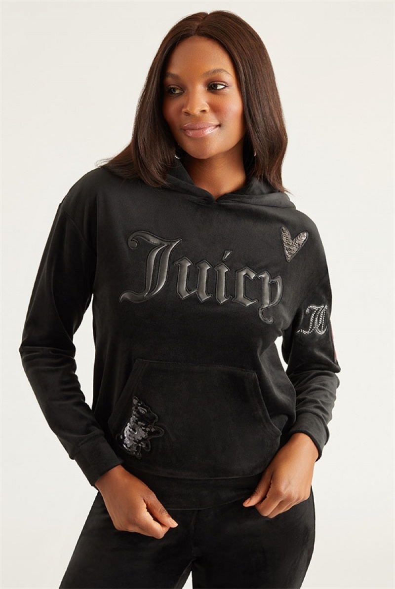 Juicy Couture Oversized Patch Hoodie Crne | JC-SN651696