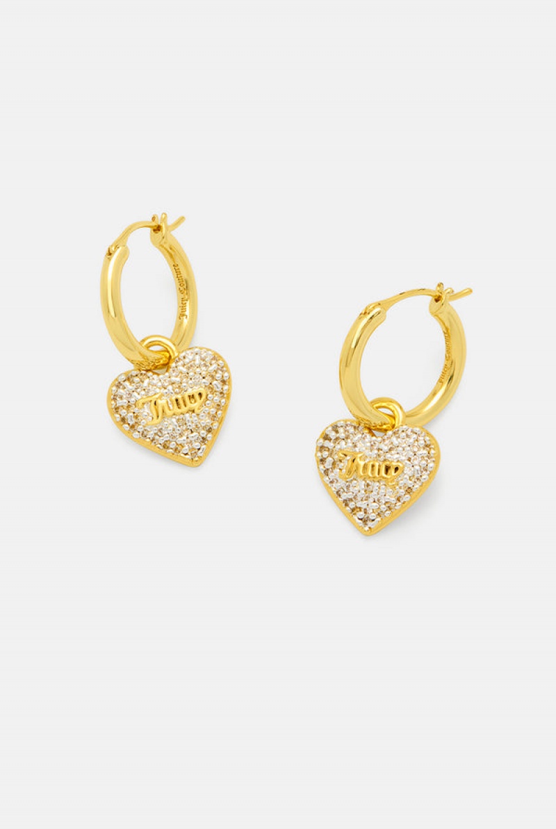 Juicy Couture Pavè Crystal Heart Drop Hoop Earrings Zlatne | JC-SN652355