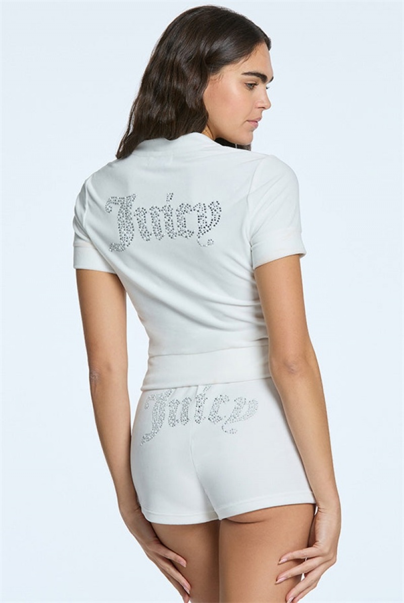 Juicy Couture Pearly Big Bling Short Sleeve Velour Zip Up Krem | JC-SN651520