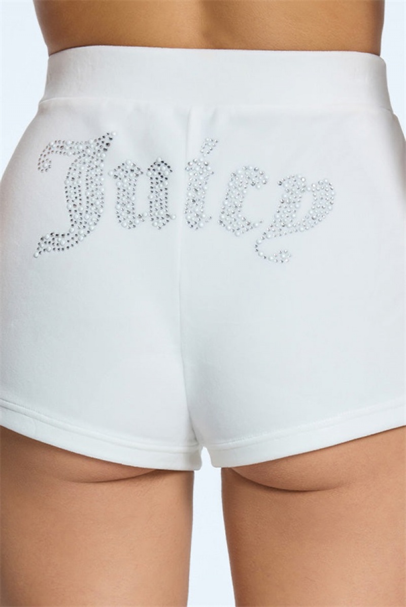 Juicy Couture Pearly Big Bling Velour Booty Shorts Krem | JC-SN651594