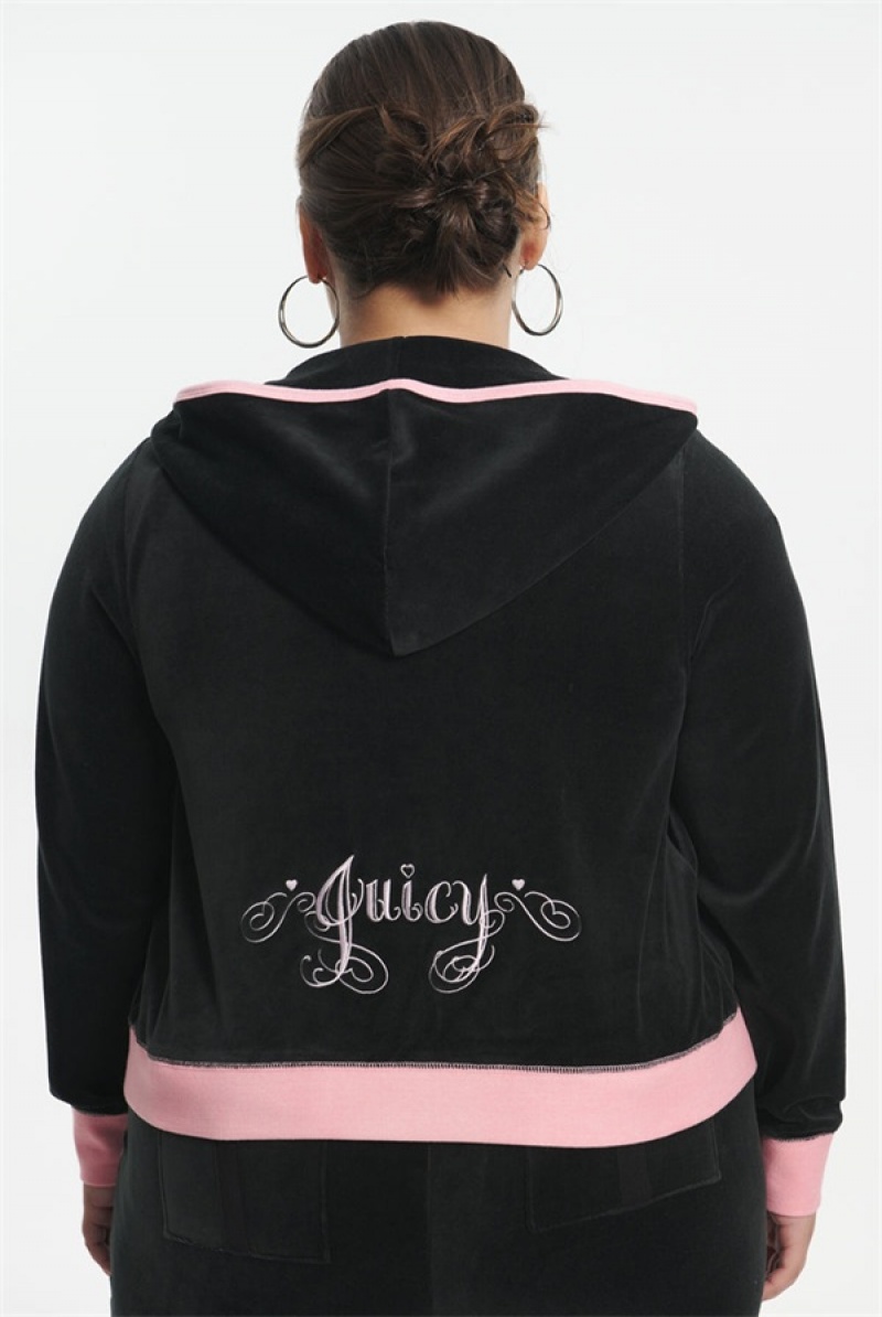 Juicy Couture Plus-size Sweetheart Cotton Velour Hoodie Crne | JC-SN651581