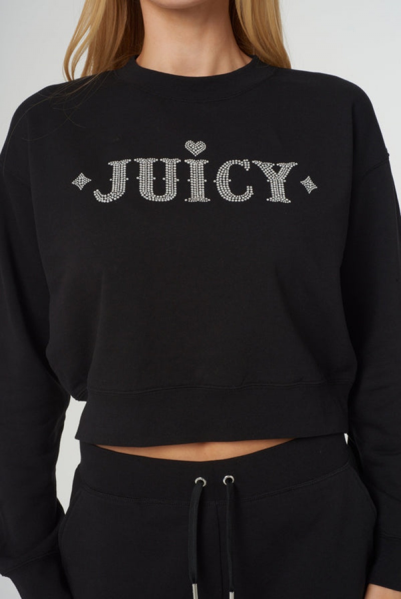 Juicy Couture Rodeo Diamante Cropped Cosy Fleece Sweat Crne | JC-SN652284