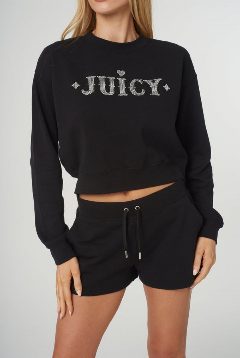 Juicy Couture Rodeo Diamante Cropped Cosy Fleece Sweat Crne | JC-SN652284