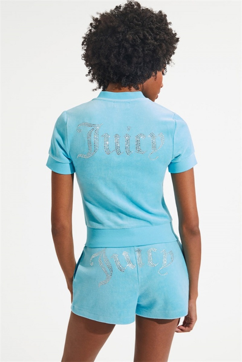 Juicy Couture Short Sleeve Big Bling Cotton Velour Zip-up Plave | JC-SN651521