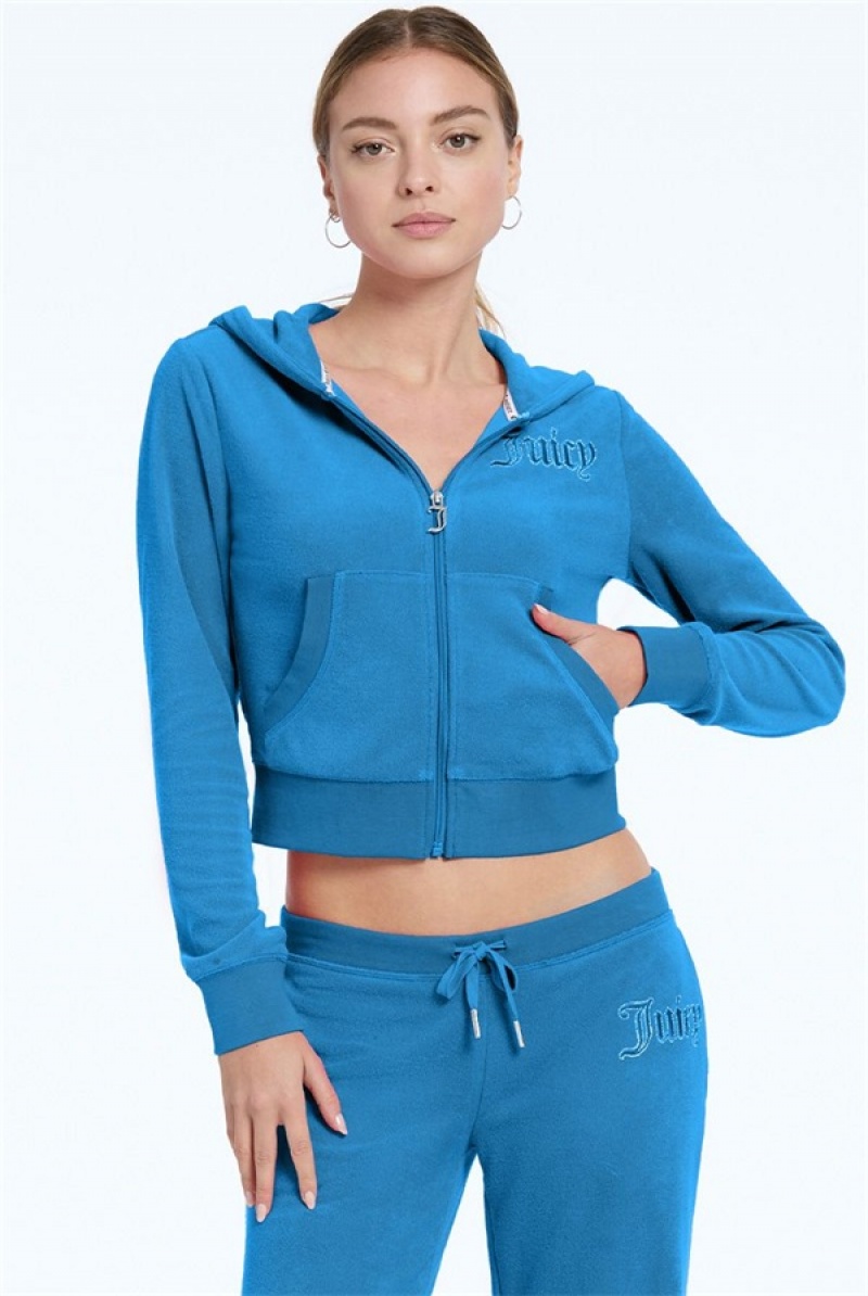 Juicy Couture Tonal Towel Terry Zip-up Hoodie Plave | JC-SN651519