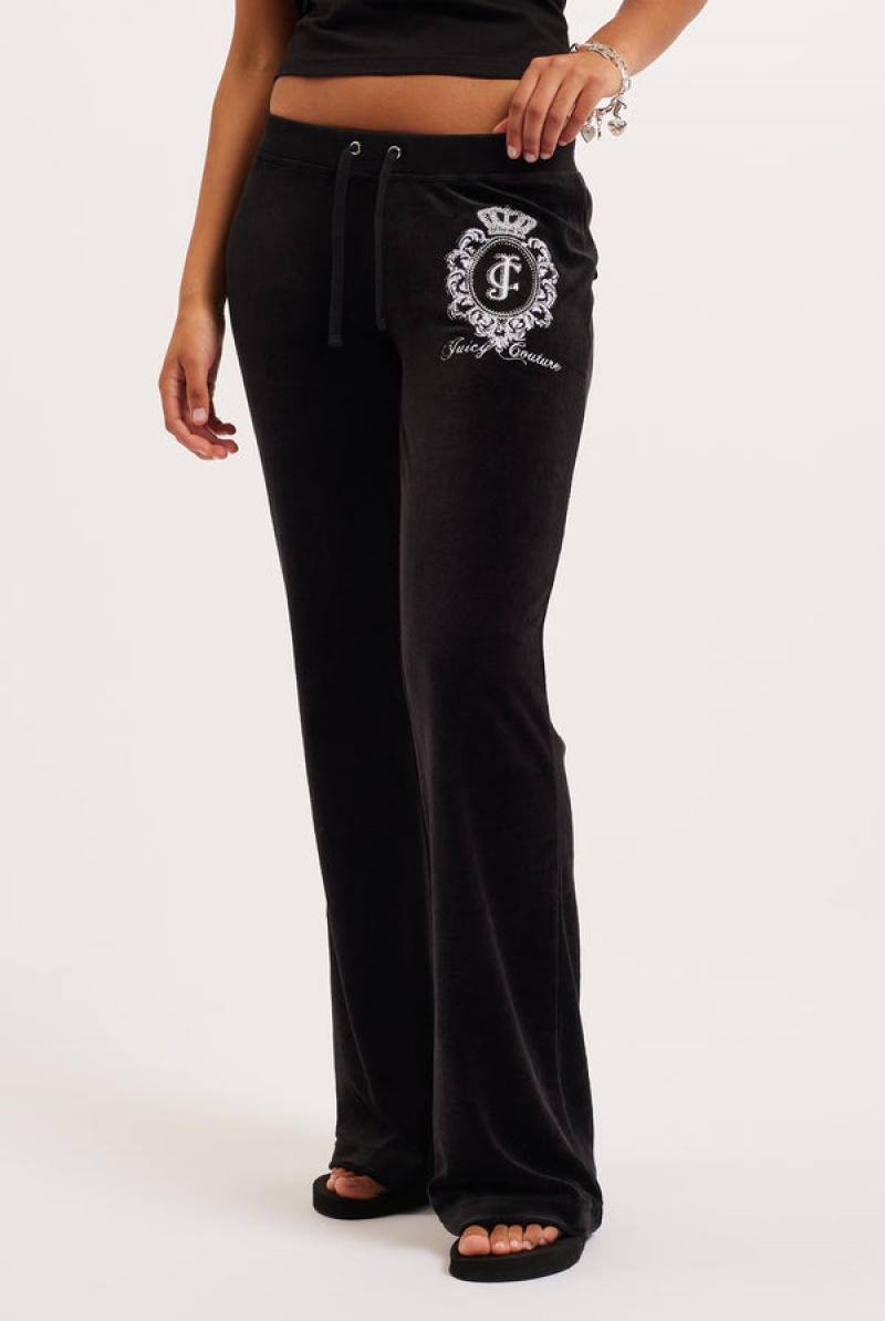 Juicy Couture Ultra Low Rise Bamboo Velour Heritage Crest Pocketed Bottoms Crne | JC-SN652159