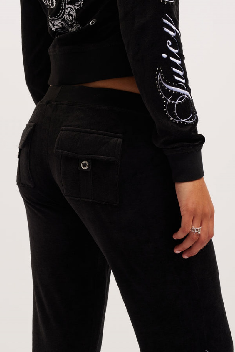 Juicy Couture Ultra Low Rise Bamboo Velour Heritage Crest Pocketed Bottoms Crne | JC-SN652159